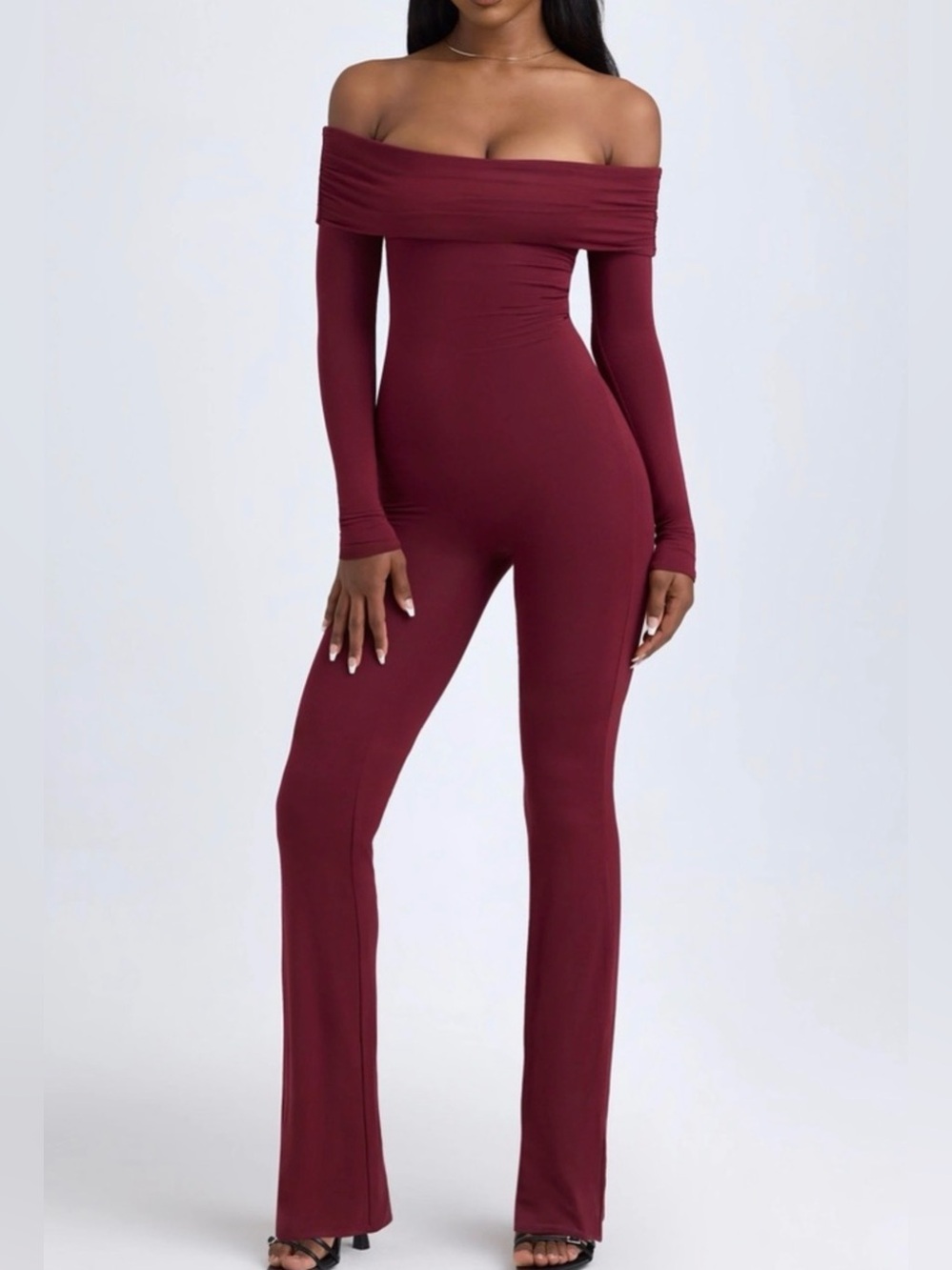 OH POLLY NWT XS Off-Shoulder Burgundy Jumpsuit tencel